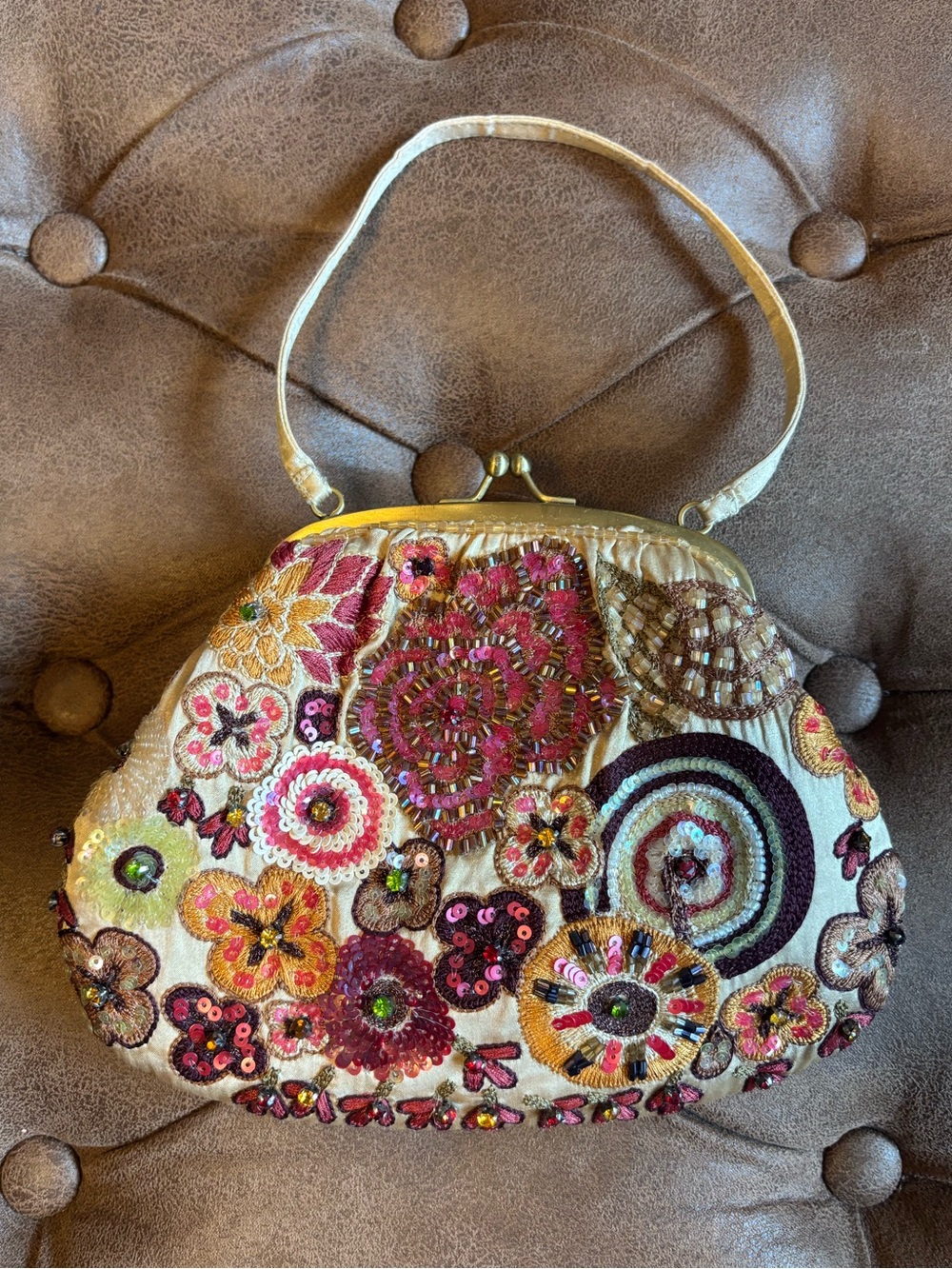 Santi Cream Floral Colorful Gold Beaded Evening Bag Clutch